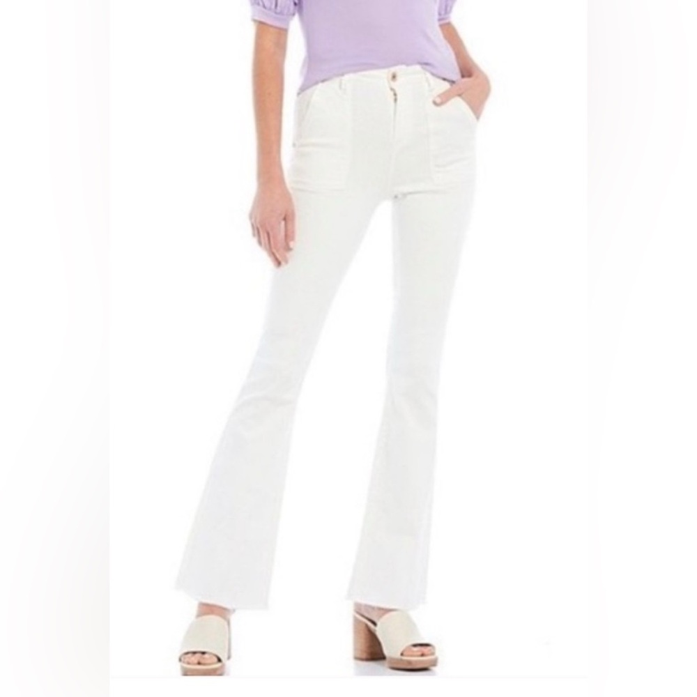 A loves a high rise flare jeans with patch pockets